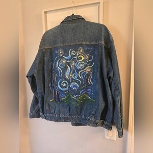 Hand-Painted Denim Jacket with Starry Night Design